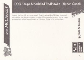 1996 Multi-Ad Fargo-Moorhead RedHawks #3 Andy McCauley Back