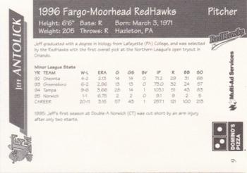 1996 Multi-Ad Fargo-Moorhead RedHawks #9 Jeff Antolick Back