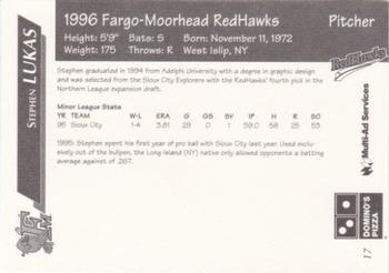 1996 Multi-Ad Fargo-Moorhead RedHawks #17 Stephen Lukas Back