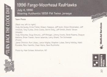 1996 Multi-Ad Fargo-Moorhead RedHawks #30 Team Photo Back