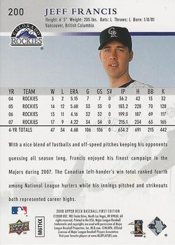 2008 Upper Deck First Edition - Factory Set #200 Jeff Francis Back