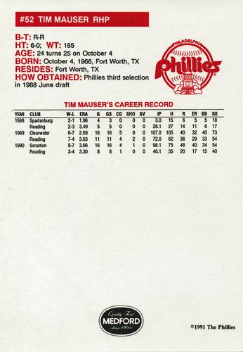 1991 Medford Philadelphia Phillies #NNO Tim Mauser Back