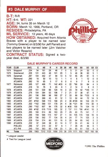 1991 Medford Philadelphia Phillies #NNO Dale Murphy Back