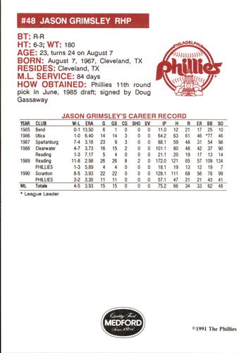 1991 Medford Philadelphia Phillies #NNO Jason Grimsley Back