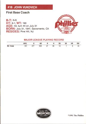 1991 Medford Philadelphia Phillies #NNO John Vukovich Back