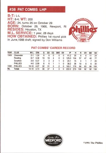 1991 Medford Philadelphia Phillies #NNO Pat Combs Back