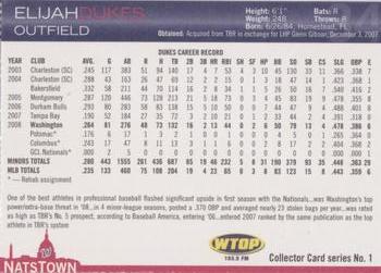 2009 Washington Nationals Inside Pitch Program Cards #1 Elijah Dukes Back