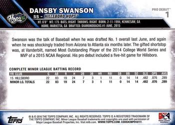 2016 Topps Pro Debut #1 Dansby Swanson Back