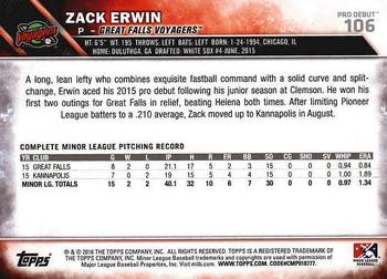 2016 Topps Pro Debut #106 Zack Erwin Back