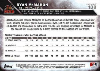 2016 Topps Pro Debut #108 Ryan McMahon Back