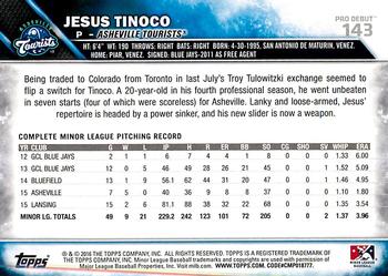 2016 Topps Pro Debut #143 Jesus Tinoco Back