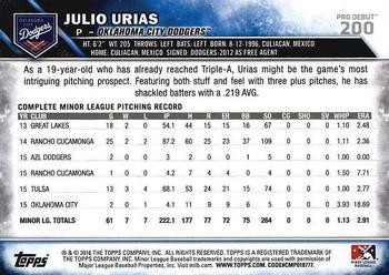 2016 Topps Pro Debut #200 Julio Urias Back