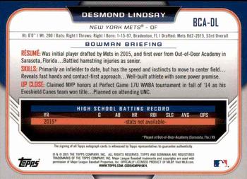 2015 Bowman Draft - Chrome Draft Pick Autographs #BCA-DL Desmond Lindsay Back