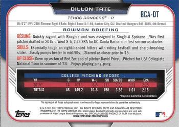 2015 Bowman Draft - Chrome Draft Pick Autographs #BCA-DT Dillon Tate Back