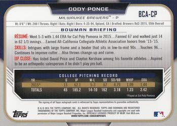 2015 Bowman Draft - Chrome Draft Pick Autographs Refractors #BCA-CP Cody Ponce Back