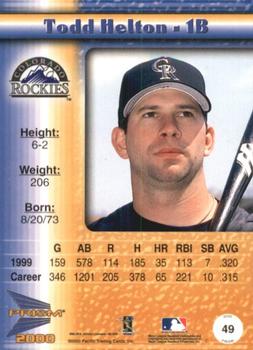 2000 Pacific Prism - Drops Silver #49 Todd Helton  Back