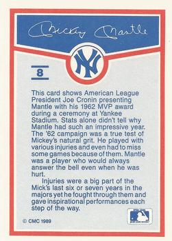 1989 CMC Mickey Mantle Baseball Card Kit #8 Mickey Mantle / Joe Cronin Back