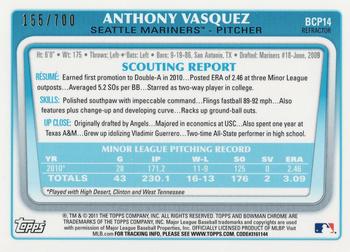 2011 Bowman - Chrome Prospects Purple Refractors #BCP14 Anthony Vasquez Back