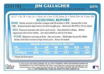 2011 Bowman - Chrome Prospects Purple Refractors #BCP74 Jim Gallagher Back