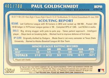 2011 Bowman - Chrome Prospects Purple Refractors #BCP99 Paul Goldschmidt Back