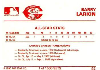1990 Star Gold #92 Barry Larkin Back