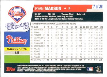2006 Topps Philadelphia Phillies Fan Appreciation Day SGA #7 Ryan Madson Back