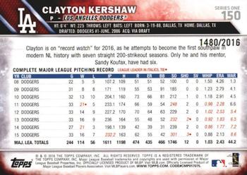 2016 Topps - Gold #150 Clayton Kershaw Back