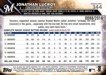 2016 Topps - Gold #344 Jonathan Lucroy Back