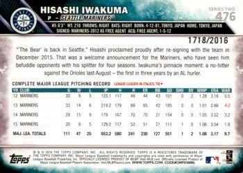 2016 Topps - Gold #476 Hisashi Iwakuma Back