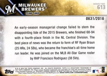 2016 Topps - Gold #613 Milwaukee Brewers Back