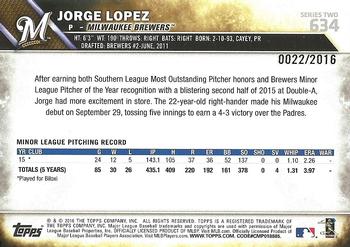 2016 Topps - Gold #634 Jorge Lopez Back