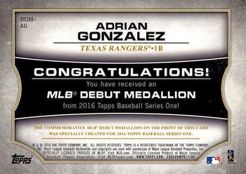 2016 Topps - MLB Debut Medallion (Series 1) #MDM-AG Adrian Gonzalez Back