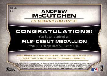 2016 Topps - MLB Debut Medallion (Series 1) #MDM-AM Andrew McCutchen Back