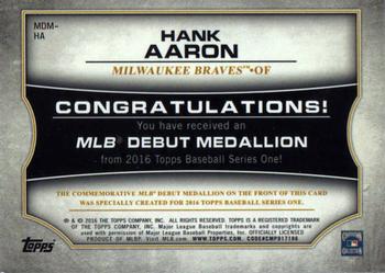 2016 Topps - MLB Debut Medallion (Series 1) #MDM-HA Hank Aaron Back