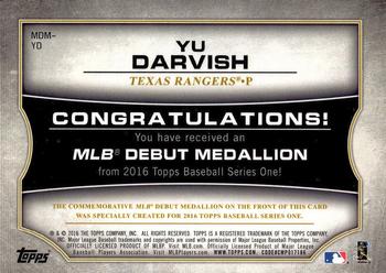 2016 Topps - MLB Debut Medallion (Series 1) #MDM-YD Yu Darvish Back