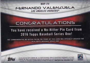2016 Topps - No-Hitter Pin Relic #NHP-FV Fernando Valenzuela Back