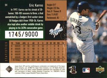 1998 SPx Finite #94 Eric Karros Back