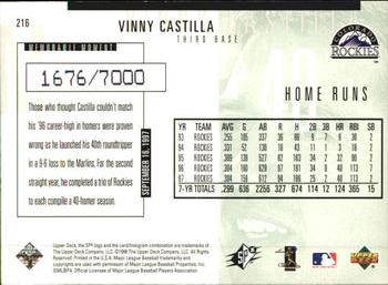 1998 SPx Finite #216 Vinny Castilla Back