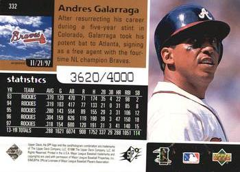 1998 SPx Finite #332 Andres Galarraga Back