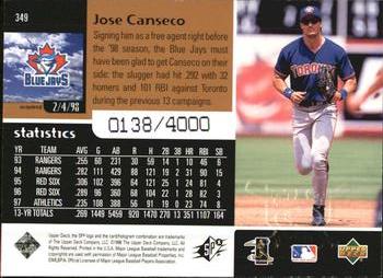 1998 SPx Finite #349 Jose Canseco Back
