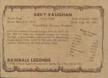 1986 Cramer Baseball Legends Series 5 #122 Arky Vaughan Back