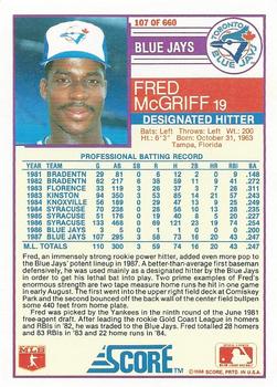 1988 Score #107 Fred McGriff Back