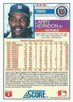 1988 Score #138 Larry Herndon Back