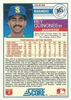 1988 Score #192 Rey Quinones Back