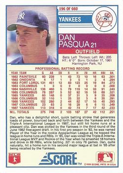 1988 Score #196 Dan Pasqua Back