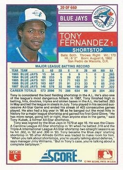 1988 Score #20 Tony Fernandez Back