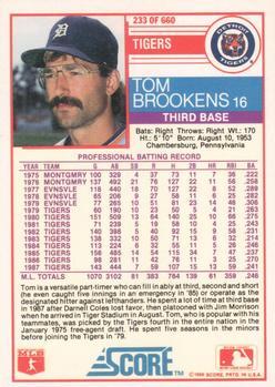 1988 Score #233 Tom Brookens Back