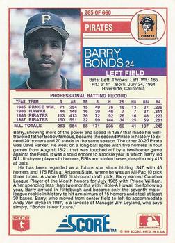 1988 Score #265 Barry Bonds Back