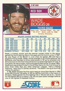 1988 Score #2 Wade Boggs Back