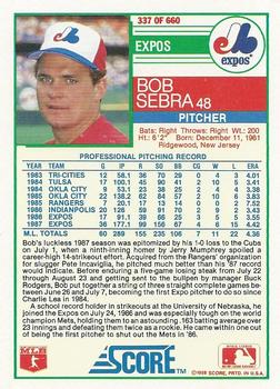 1988 Score #337 Bob Sebra Back